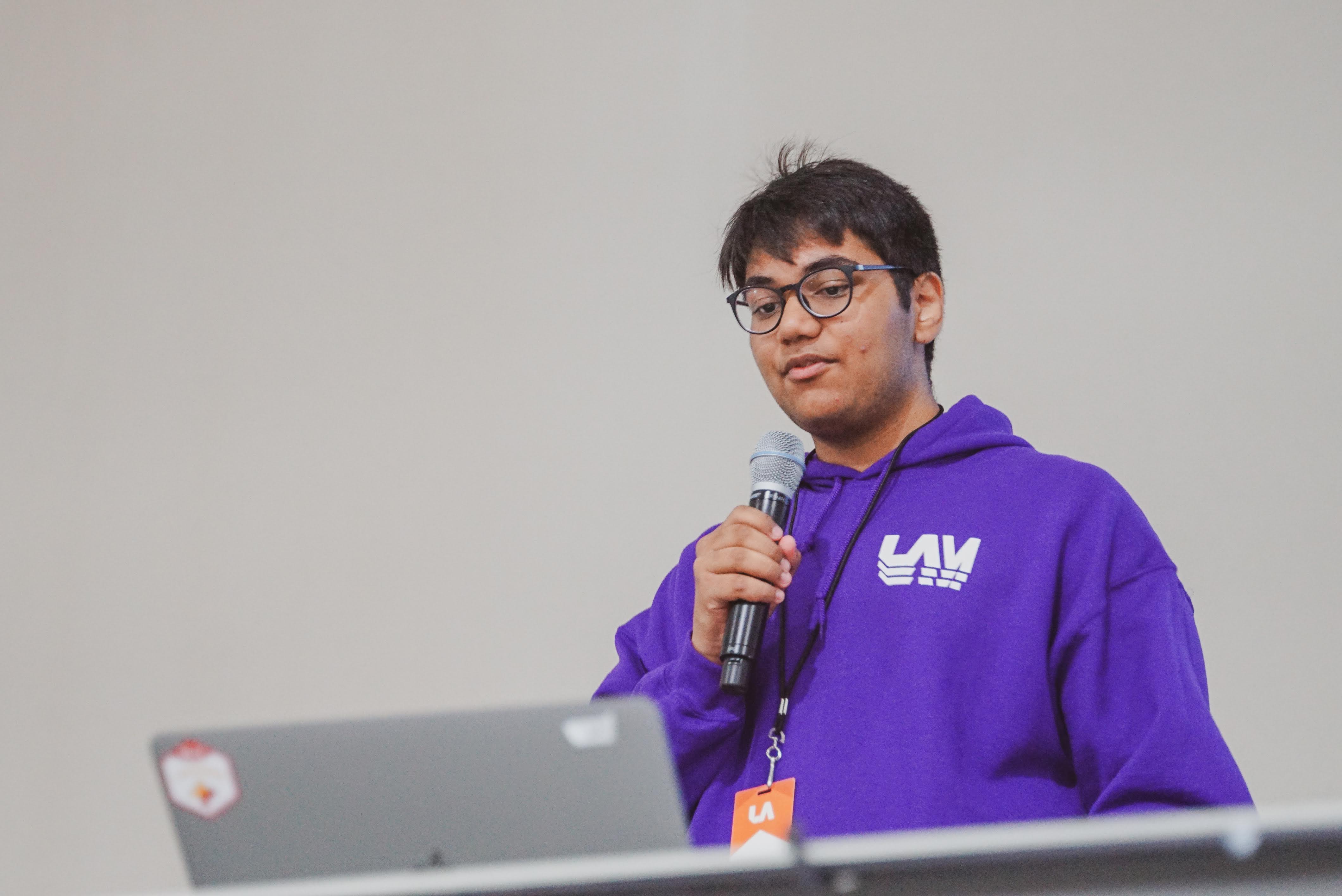 A photo of a Los Altos Hacks organizer presenting during the opening ceremony.